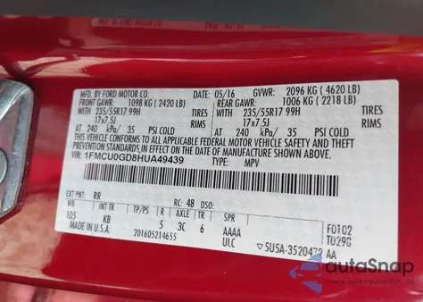 2017 Ford Escape Se из США, поврежденный, VIN 1FMCU0GD8HUA49439